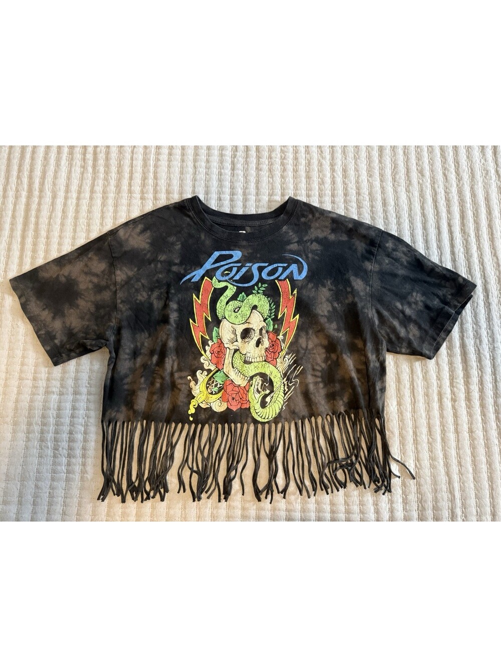 Poison Band Graphic Fringe Crop Top Black Tie Dye Skull Snake Mens Medium